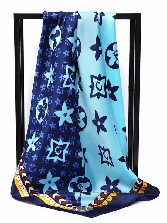 Luxury-Inspired Blue Floral Silk Scarf - Women's Accessory