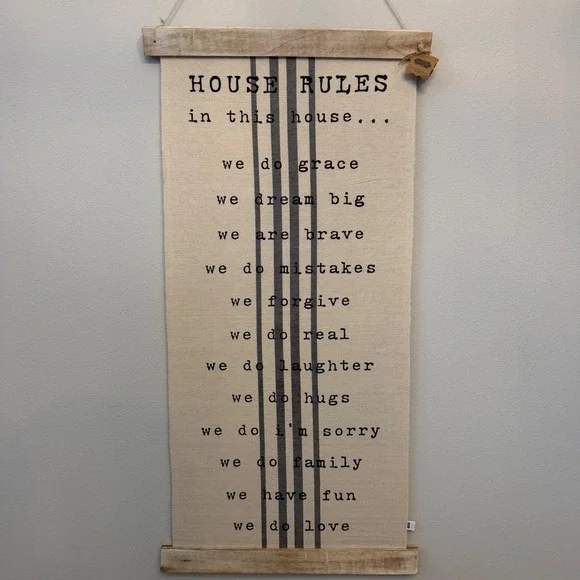 NWT Mud Pie House Rules Fabric Wall Hanging Sign Farmhouse Tan Extra Large Decor
