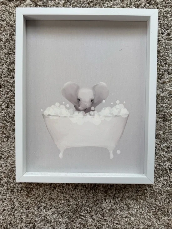 Gray Elephant Bathtub Wall Art - White Frame