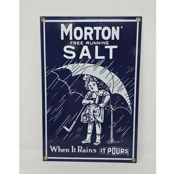 Vtg Ande Rooney porcelain enameled metal sign Morton Salt Umbrella Girl repro
