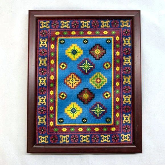Handmade Needlepoint Wall Art Unisex Small Blue Vintage Geometric Framed Good