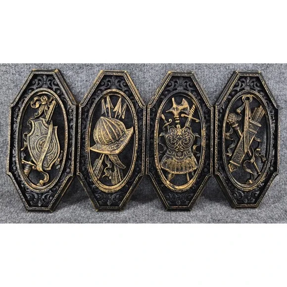 Vtg Medieval Wall Plaques Black Gold 1968 Gothic Heraldic Spanish 4pc Set