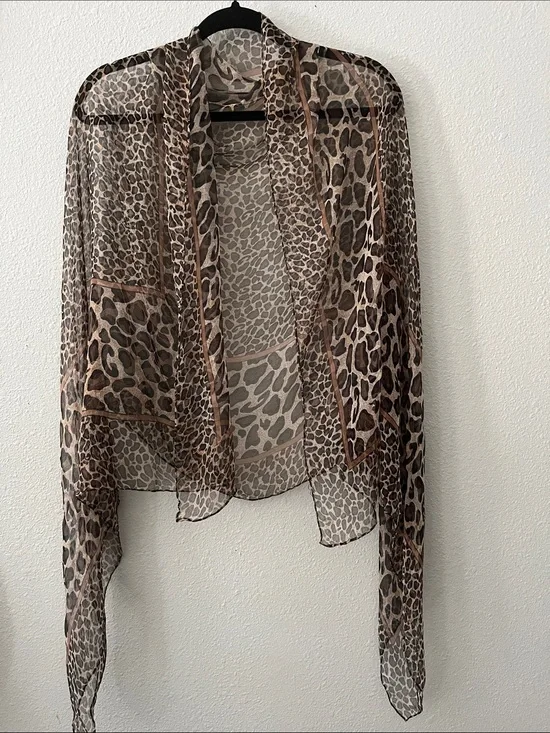 100% Silk Leopard Print Sheer Wrap scarf - Brown/Cream Hand rolled hem