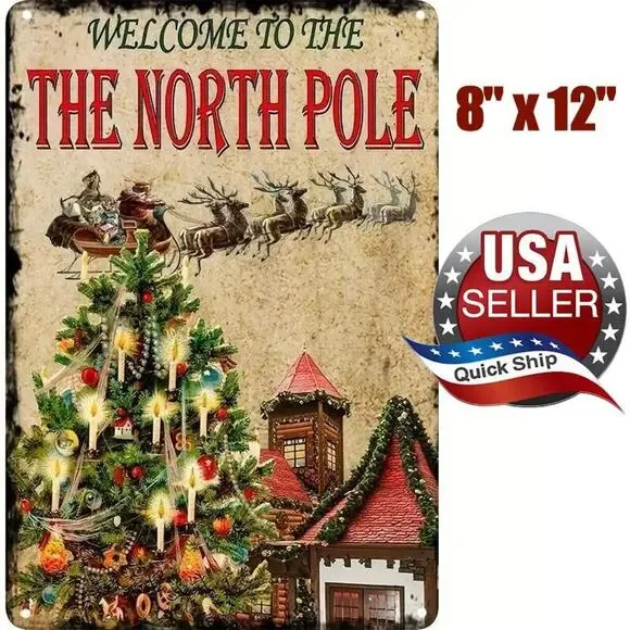 Metal Tin Sign “Welcome To The North Pole” Santa Reindeer Sleigh Christmas Tree