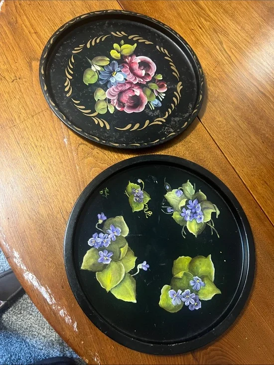 Vintage Hand-Painted Toleware Trays - Green & Purple Accents