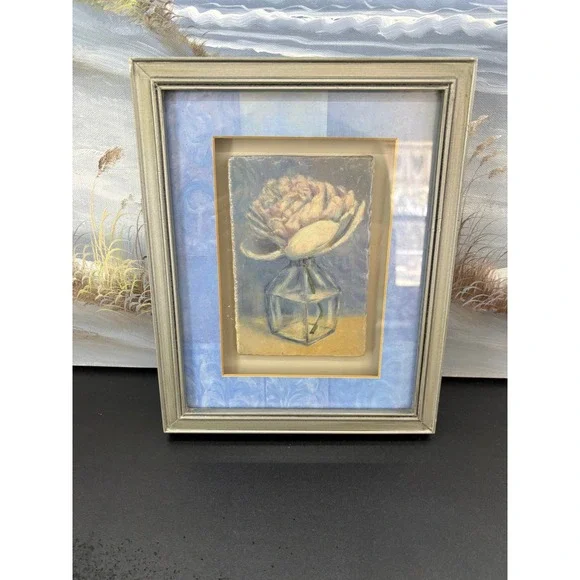 Floral Still Life Framed Tile Art Pink Flower in Glass Vase Silver Frame