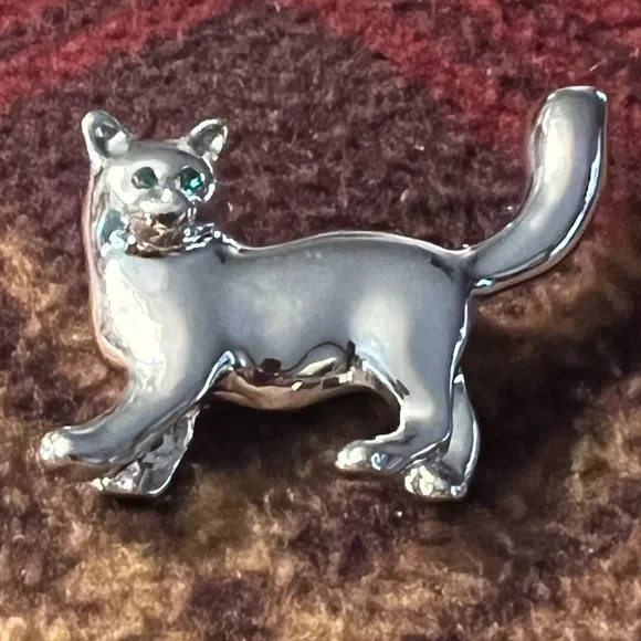 Silver Cat Pin Brooch - Metallic Gray Cat Accent