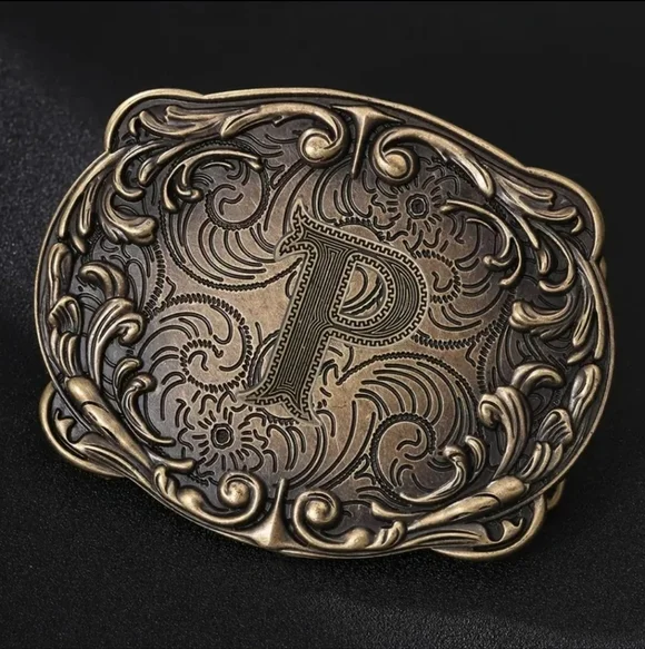 Western Initial “P” Belt Buckle – Monogram Floral Scroll – Cowboy Cowgirl