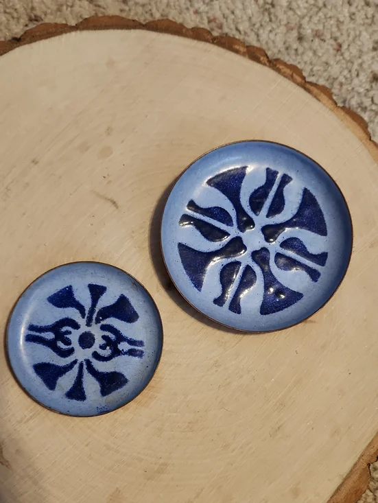 Vintage Set 2 Enamel On Copper Blue Small Wall Hangings