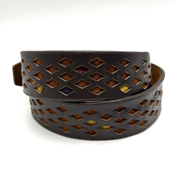 Vtg 80s Handmade Diamond Laser Cut-out Multicolor Suede Inlay Western Belt 34