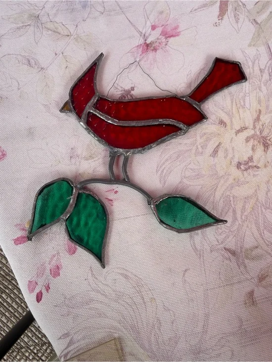 Red Cardinal Stained Glass Wall Accent with Green Leaves