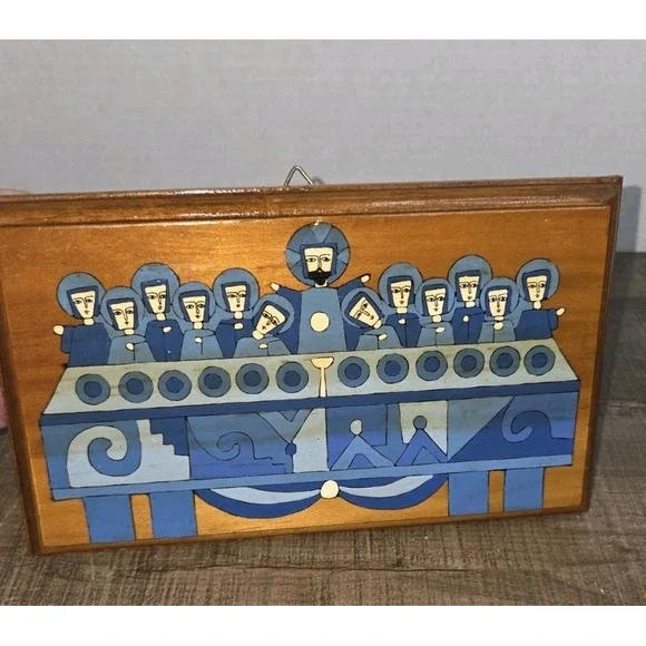 Handmade El Salvador Folk Art The Last Supper Painted Wood Plaque Wall Decor