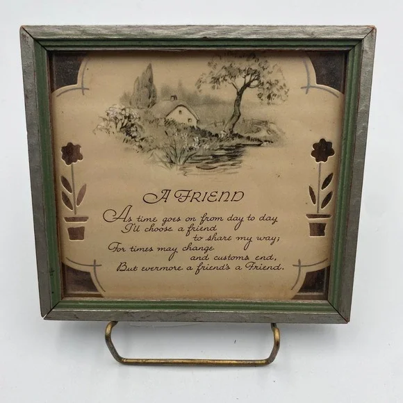 Vintage Framed‎ Friendship Poem Art Cottage Landscape Distressed Wood Frame 5x5