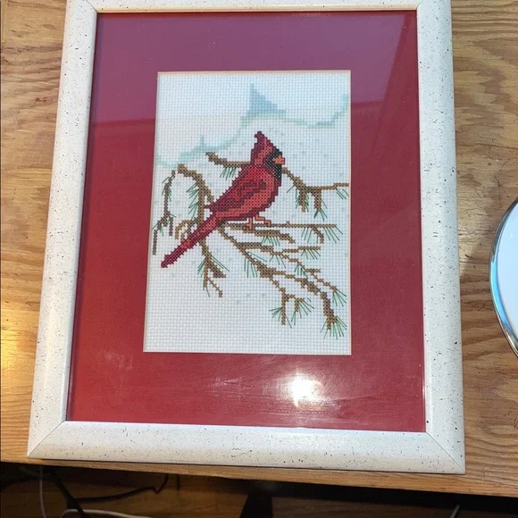 Framed Cardinal Bird Winter Evergreen Cross-Stitch‎ Art 8.5x11”