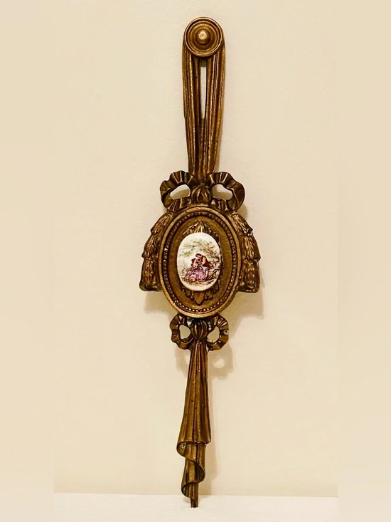 Vintage Victorian Cast Brass Wall Hanging w/ Porcelain Cameo Of Courting Couple