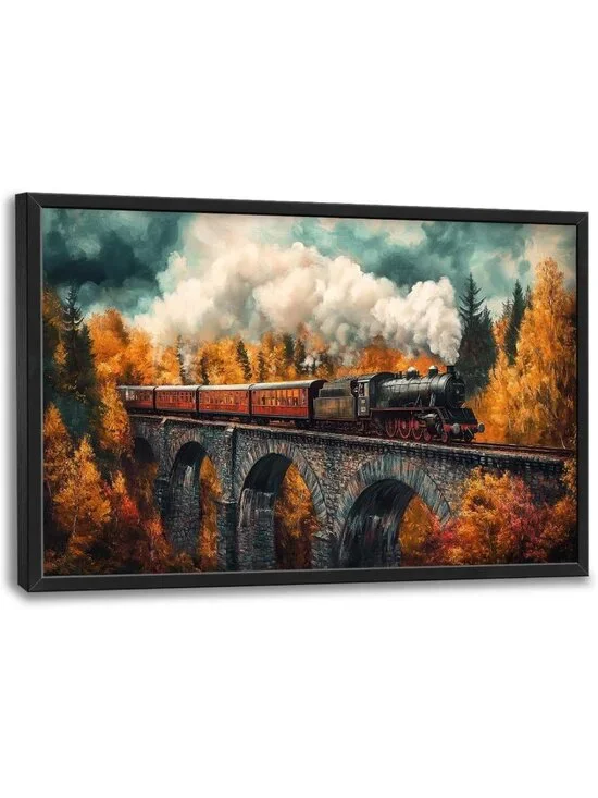 Autumn Train Wall Art - Large Framed Canvas Prints for Living Room & Office
