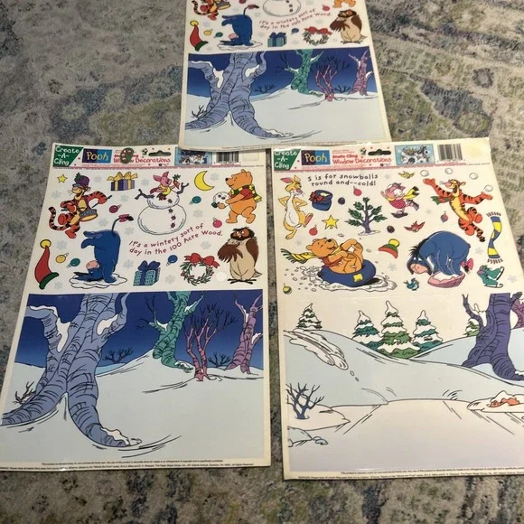 Disney Winnie the Pooh Christmas Window Clings Vintage Create-A-Cling Lot of 3