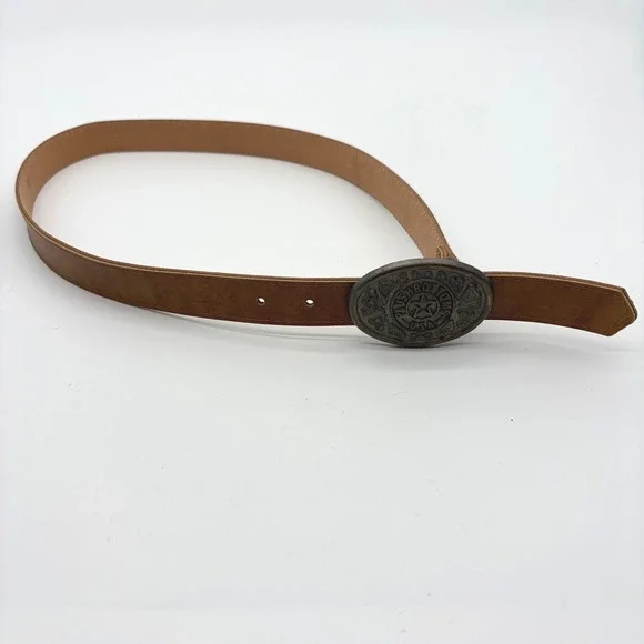 Plushbottoms USA Vintage Tan Leather Belt with Star Oval Brass Buckle Western‎