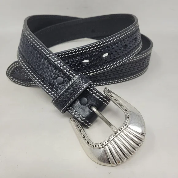 Cowboy Chrome Belt Mens 46 Black Leather Handtooled Basketweave Western Cowboy