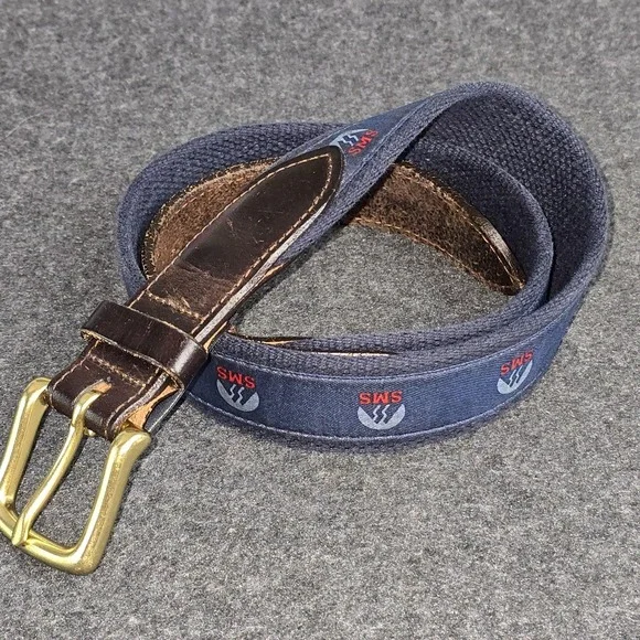 Vineyard Vines Belt Mens Size 30 Blue SMS Logo‎ Ribbon Leather Brass Buckle USA