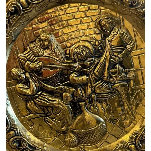 Vintage Large Hammered Brass Musicians Wall Decorative Plate 16.5