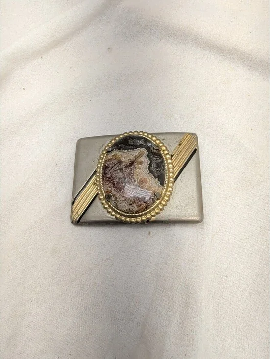 Unisex Belt Buckle, metal with a Brown & Cream-Colored Stone, 2 1/2