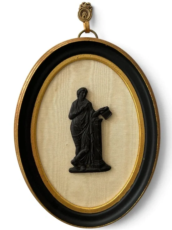 Vintage Neoclassical Black Basalt Style Relief Plaque Gold Frame Wall Art w Hook