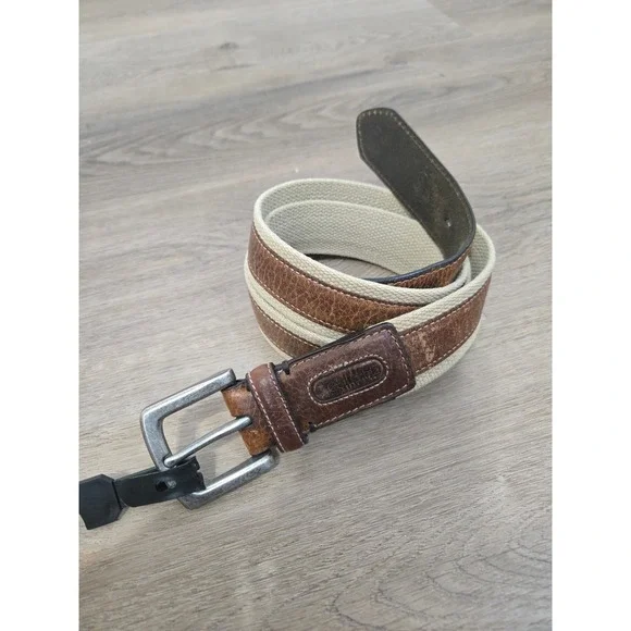 Columbia Mens Canvas Webbing Brown Leather Inlay Belt Silver Buckle Size 34