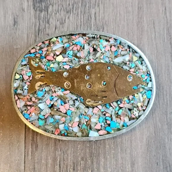 Vintage Alpaca Silver Fish Belt Buckle with Crushed Stone Inlay