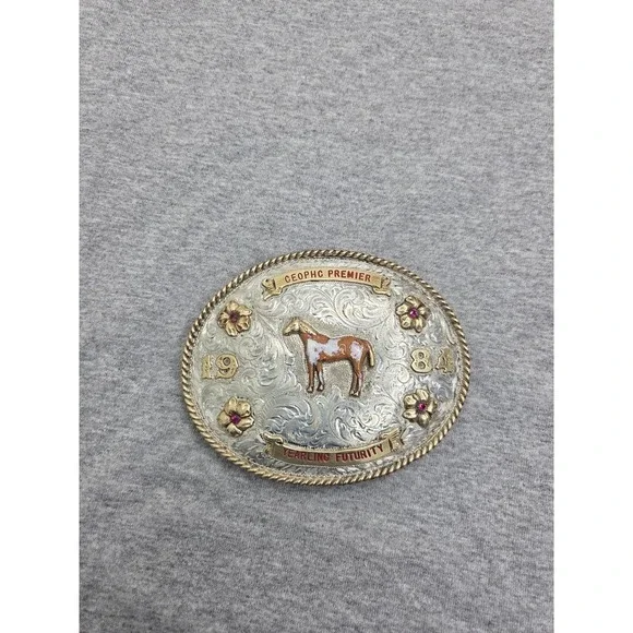 Vintage 1984 Carlos Silver Yearling Futurity Equestrian Horse Belt Buckle Large