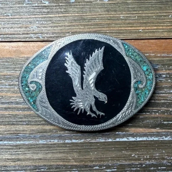 Vintage Western Eagle Belt Buckle Turquoise Chip Inlay Black Onyx Style Oval