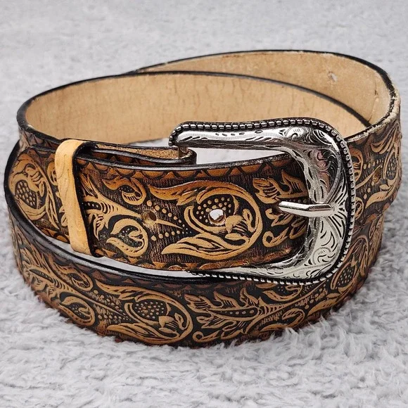 Vintage Brown Tooled Leather Western Belt Made in Mexico Size 42 Silver Buckle