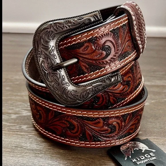 Ridge Mountain Genuine tooled leather,double stitch,antique silver buckle Wester