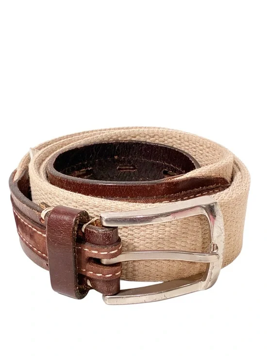 Fossil Beige Men’s Belt Brown Leather Trim Fabric