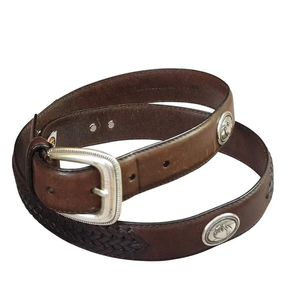 Fossil Mens Brown Leather Western Belt‎ Buffalo Concho Braided  Size 38 Ranch