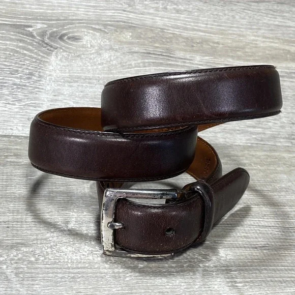 Brooks Brothers‎ 346 Belt Mens Brown Genuine Leather Silver Buckle Classic Brass