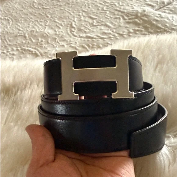 Hermes Black Belt with Metallic Buckle