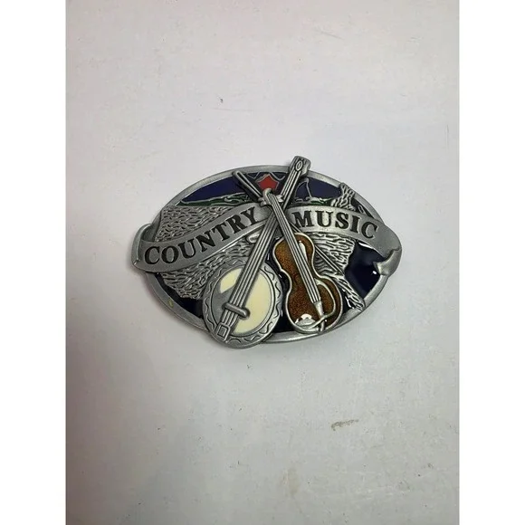 Country Music Banjo Fiddle Oval Belt Buckle Silver Tone Enamel Western Vintage