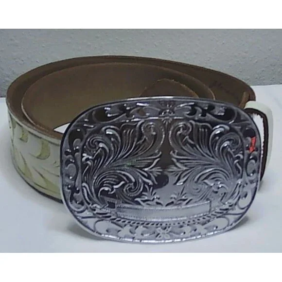Vintage Western Flower Design Belt Buckle with White Tooled Leather Belt 28-32