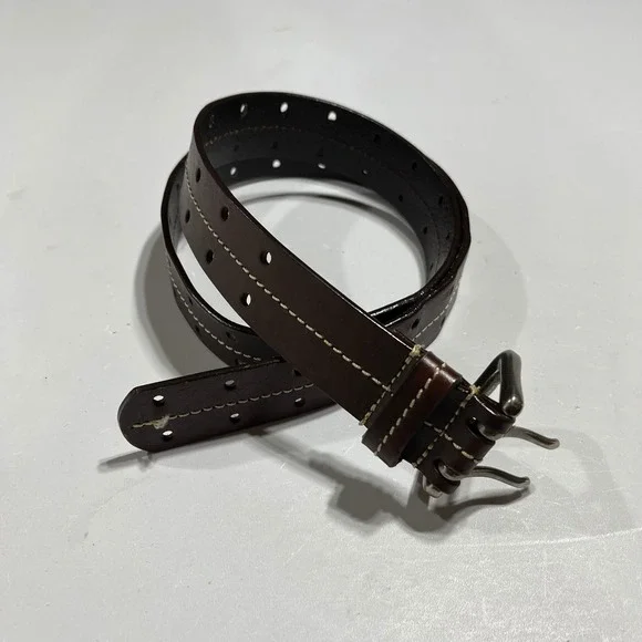 Mens‎ Brown Genuine Leather Double Prong Belt Contrast Stitch Medium Old Money