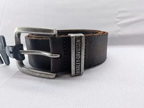 NWT Harley Davidson Men's Metal Keeper Logo Genuine Leather Belt in Brown sz Med