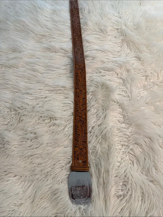 Chambers Top Grain SteerRide  Brown Leather Decorative Belt with Engraved Silve
