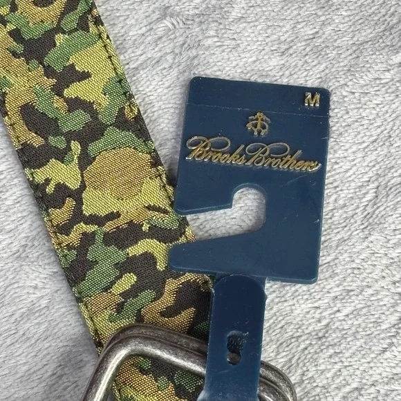 Brooks Brothers Belt Men Medium Green Camo Cotton Silk D-Ring Leather Trim