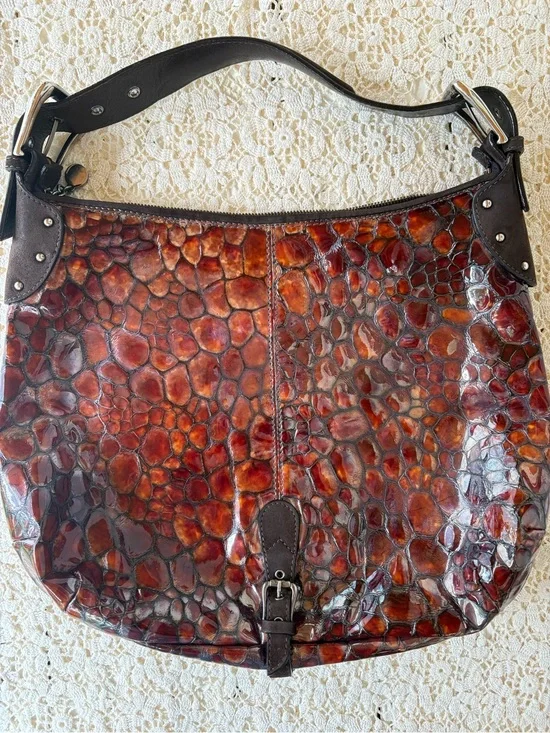 Donald J. Pliner Brown Suede  Crocodile Embossed Hobo Shoulder bag
