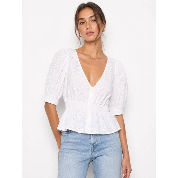 Reformation Alenna White Eyelet Feminine Boho Cotton Blouse  2 Romantic Coquette