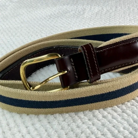 Vintage Mens Canvas Leather Stripe Belt 38 Khaki Navy Solid Brass USA