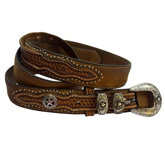 Nocona Mens Tan Leather Western Basketweave‎ Star Concho Belt 46 N2491844