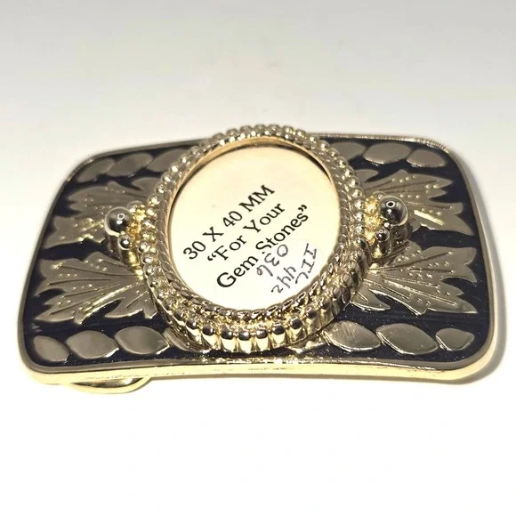 Vintage Goldt Tone Western Belt Buckle Blank Black Filigree Scrollwork‎ 30x40mm