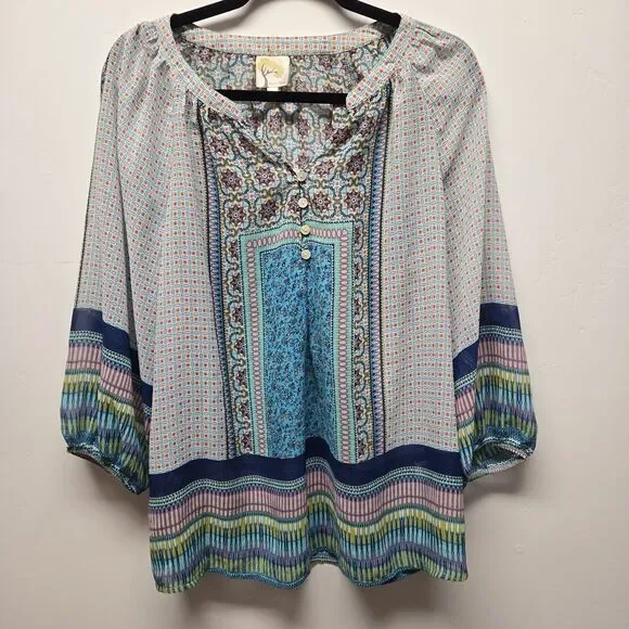 Anthropologie Fig & Flower Womens Tunic Floral Top Blouse sz Small Colorful
