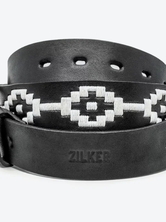Zilker Black Leather Men’s Belt with White Embroidered Detail No Buckle